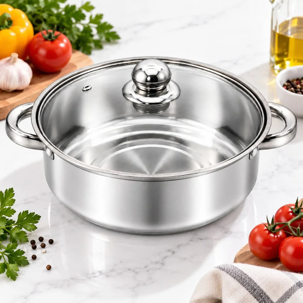 Stainless Steel Cooking Pot with Glass Lid – Brushed Silver Soup & Stew Pot for Induction & Gas Hobs – Great for Soups, Pasta & One-Pot Meals