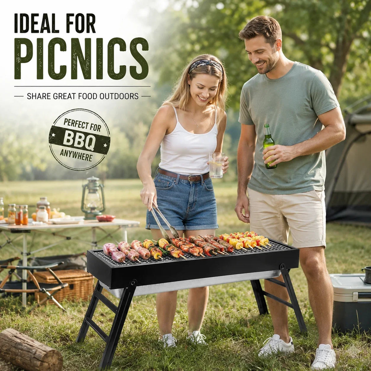 Portable Folding Charcoal BBQ Grill – Compact Stainless Steel Camping Barbecue – Perfect for Picnics, Garden & Travel (60 x 22.5 x 32cm)