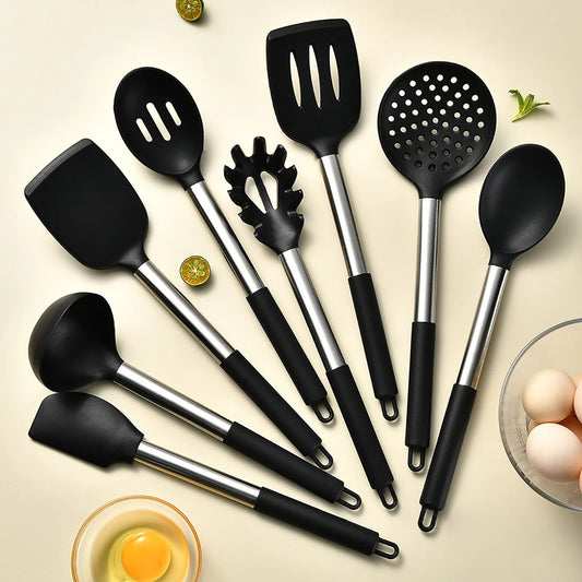 Silicone Kitchen Utensils Set with Stainless Steel Handles – Heat-Resistant & Safe for Non-Stick Cookware – Ideal for Daily Cooking – Available in Multiple Colours & Various Piece Set Options