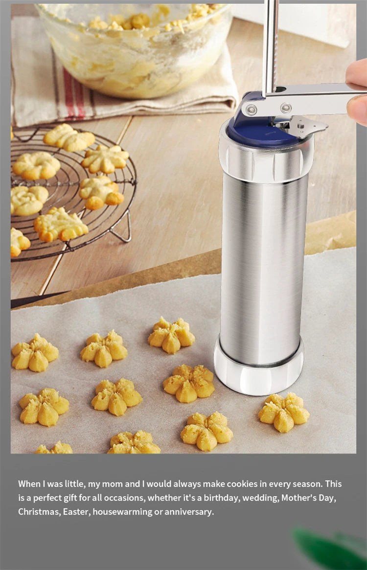 Stainless Steel Cookie Press Gun Kit – Biscuit Press with 20 Discs & 4 Icing Nozzles – Great for Homemade Biscuits & Decorating
