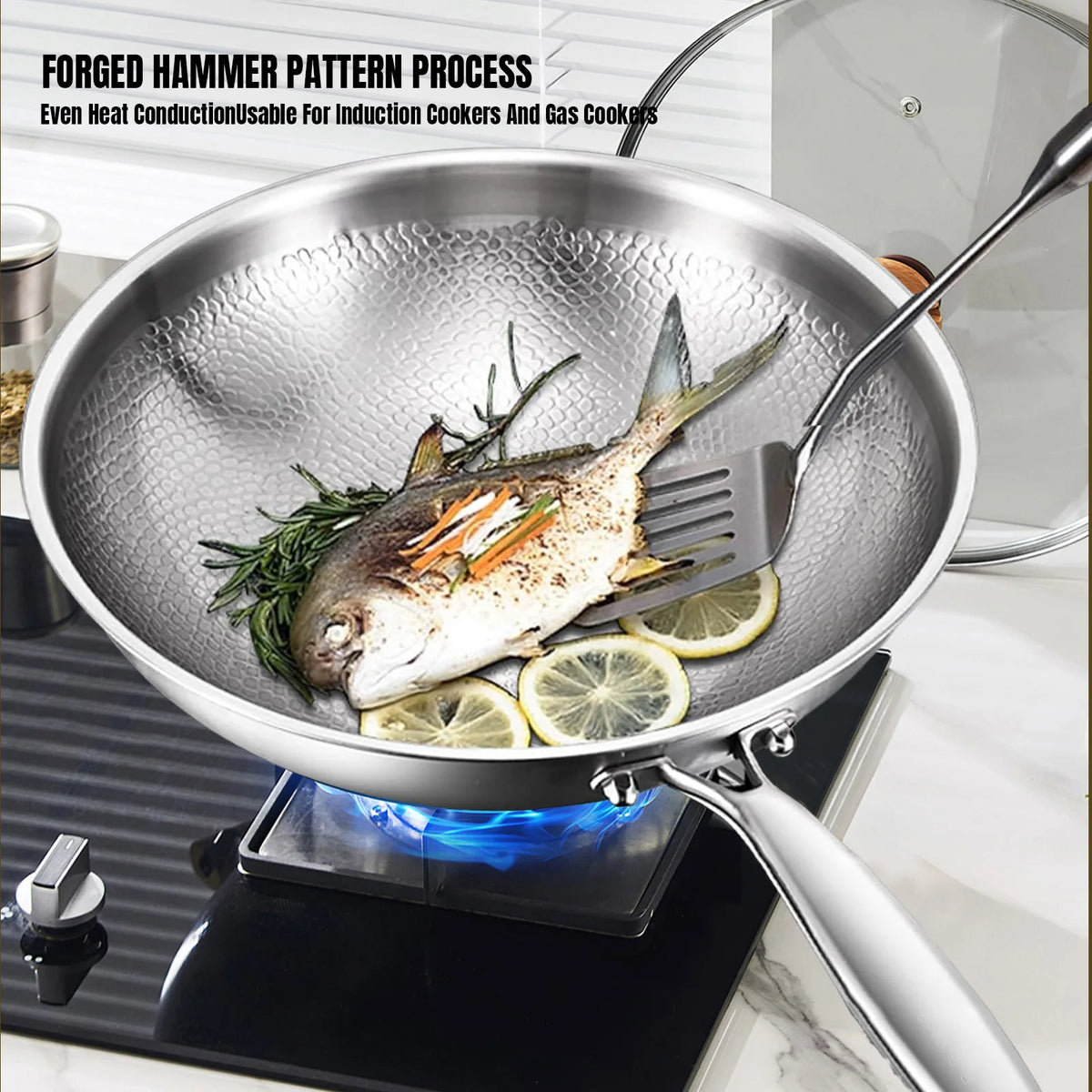 Hammered Titanium Steel Frying Pan with Lid – 3-Layer Non-Stick Skillet with Quick, Even Heating – Best for Healthy Low-Oil Cooking – Available in 26cm, 28cm & 30cm