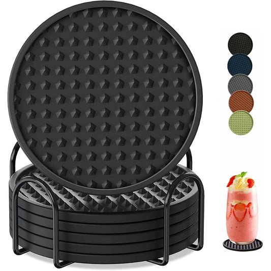6 Pack Silicone Drink Coasters with Holder – Heat Resistant Non-Slip Cup Mats – Ideal for Protecting Tables & Worktops – Available in Black, Brown, Grey, Green, Blue & Sky Blue Colours