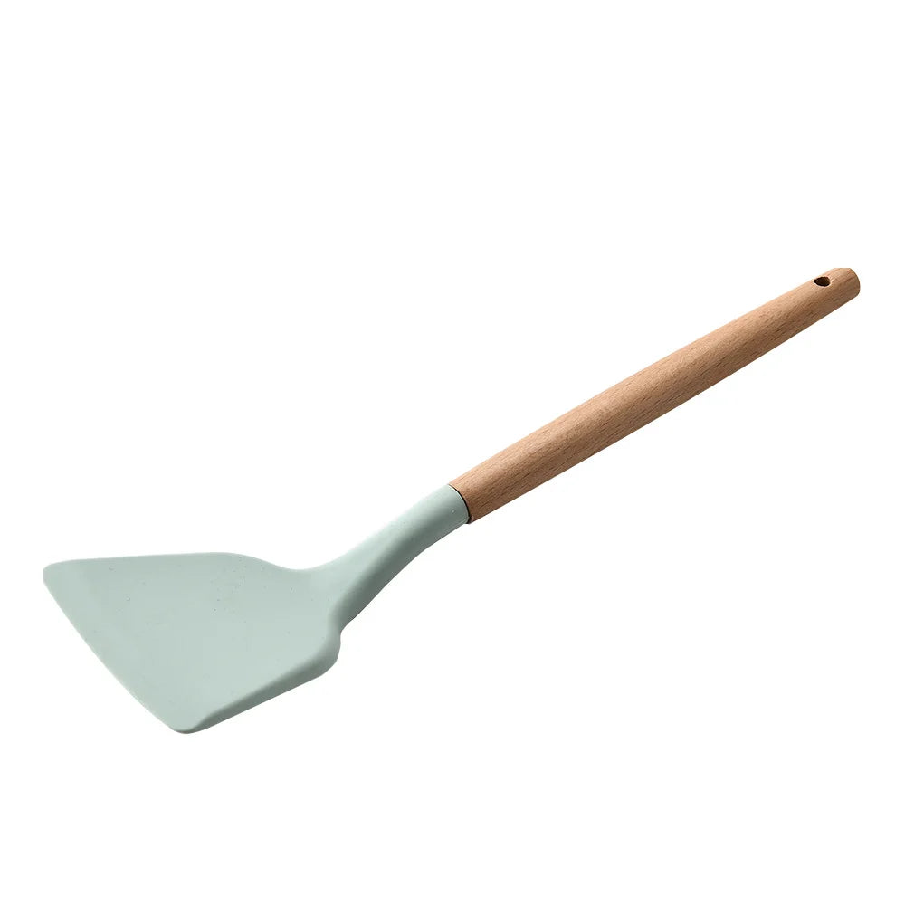 Heat Resistant Silicone Cooking Utensil with Wooden Handle – Up to 230°C Turner, Tongs, Spatula, Spoon, Brush & Whisk – Ideal for Nonstick Cookware Style 3