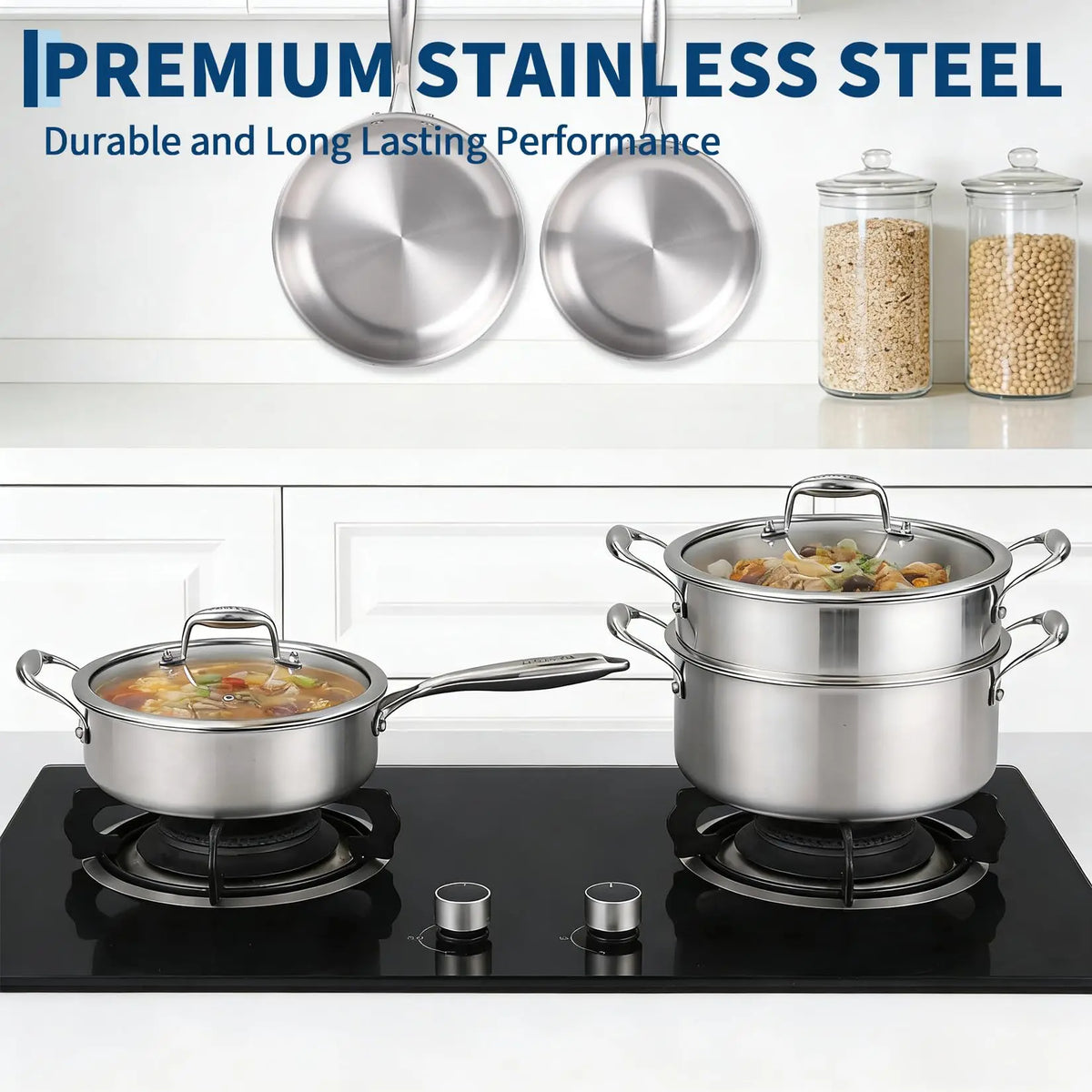11 Piece Tri-Ply Stainless Steel Cookware Set with Steamer – Saucepans, Frying Pans & 6QT Stockpot with Glass Lids – Great for Induction, Oven & Dishwasher