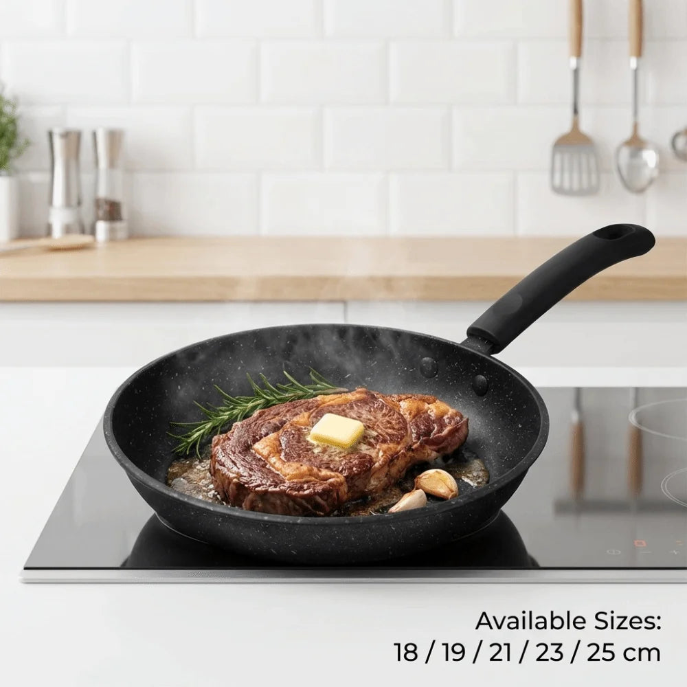 Thick Stone-Coated Frying Pan without Lid – Non-Stick Steak & Egg Skillet for Gas & Induction Hobs – Available in 18cm, 19cm, 21cm, 23cm & 25cm