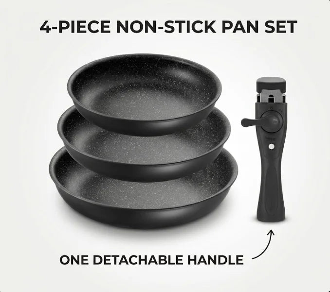 4 Piece Black Non-Stick Frying Pan Set with Detachable Handle – 3 Stackable Pans for All Hobs – Great for Breakfasts, Family Meals & Oven-to-Table