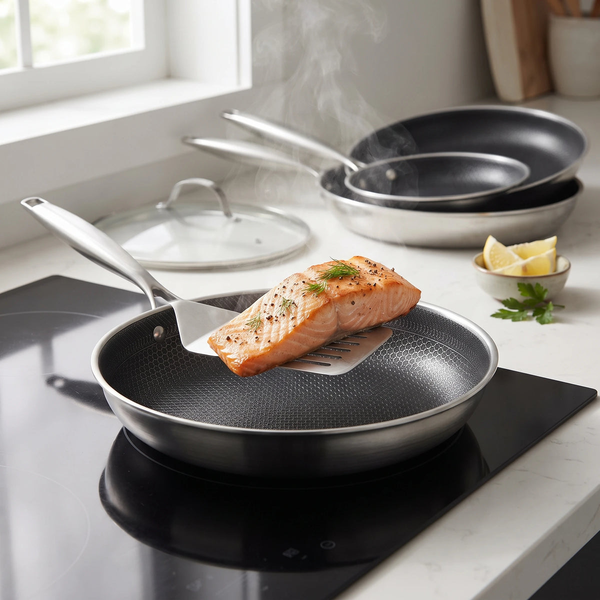 Honeycomb Stainless Steel Non-Stick Frying Pan Set with Lids – 3 Piece 3-Ply Induction Skillets 20cm, 25cm & 28cm – Ideal for Searing, Frying & Everyday Cooking
