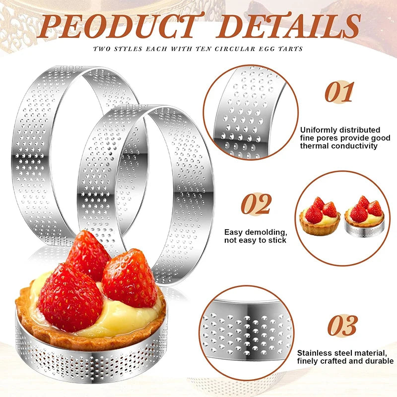 12 Piece Perforated Stainless Steel Tart Rings – Non-Stick Round Cake & Mousse Rings – Ideal for Tarts, Mousse Cakes & Desserts
