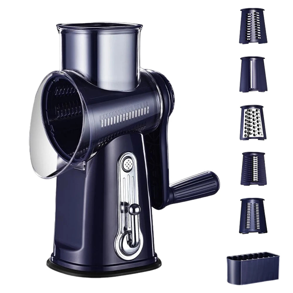 5-in-1 Rotary Vegetable Slicer & Handheld Drum Grater – 5 Stainless Steel Cones with Suction Base – Best for Cheese, Veg, Fruit & Nuts