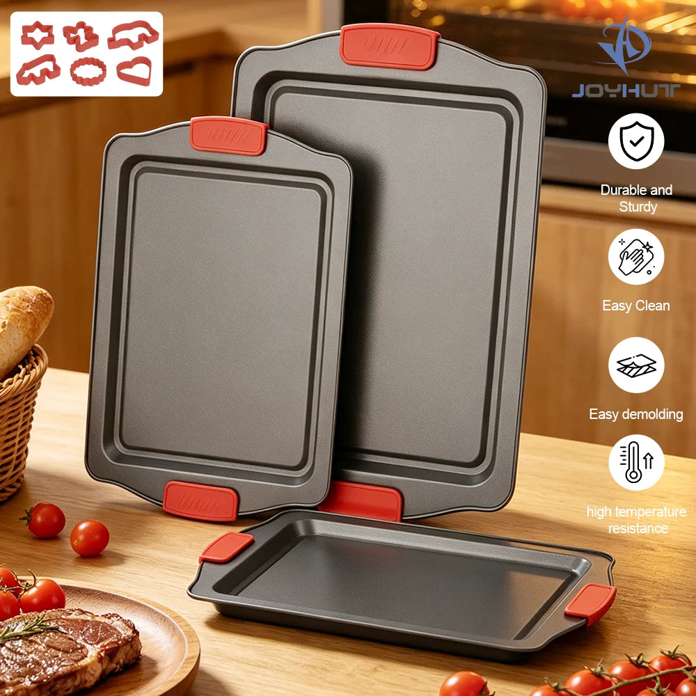 3 Piece Non-Stick Carbon Steel Baking Tray Set with Silicone Handles & Cookie Cutters – Best for Biscuits, Cakes & Roasting