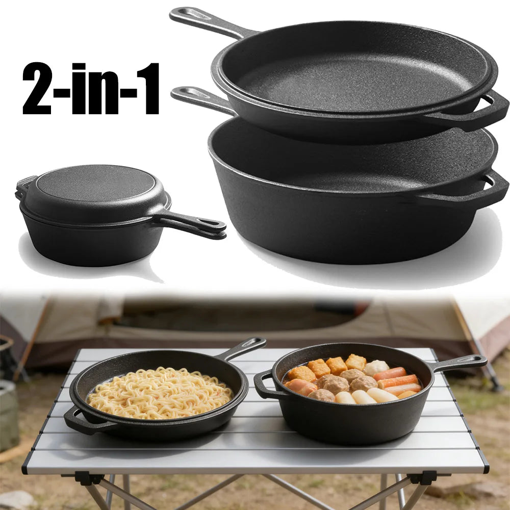 2-in-1 Pre-Seasoned Cast Iron Dutch Oven Set – 10" Deep Pot (3QT Capacity) with Dual-Function Skillet Lid for Baking, Frying, Stovetop, Oven, Grill & Induction Cooking