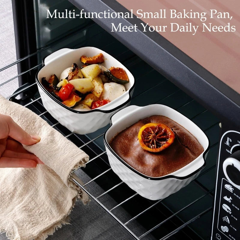 White Ceramic Baking Dish Set with Black Rim & Handles – Diamond Embossed Porcelain, Oven Safe, Great for Au Gratin, Casseroles, and Everyday Baking