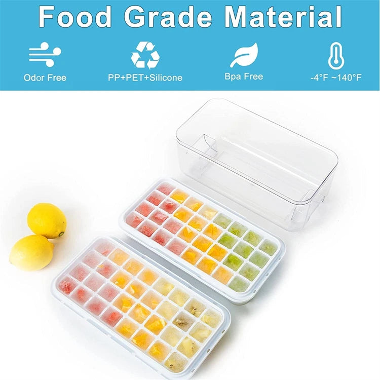 Stackable Silicone Ice Cube Tray Set with Storage Bin – 2 Trays & 64 Nugget Ice Moulds – Best for Chilling Drinks & Freezing – Available in Pink, Blue, Green & Orange Colours