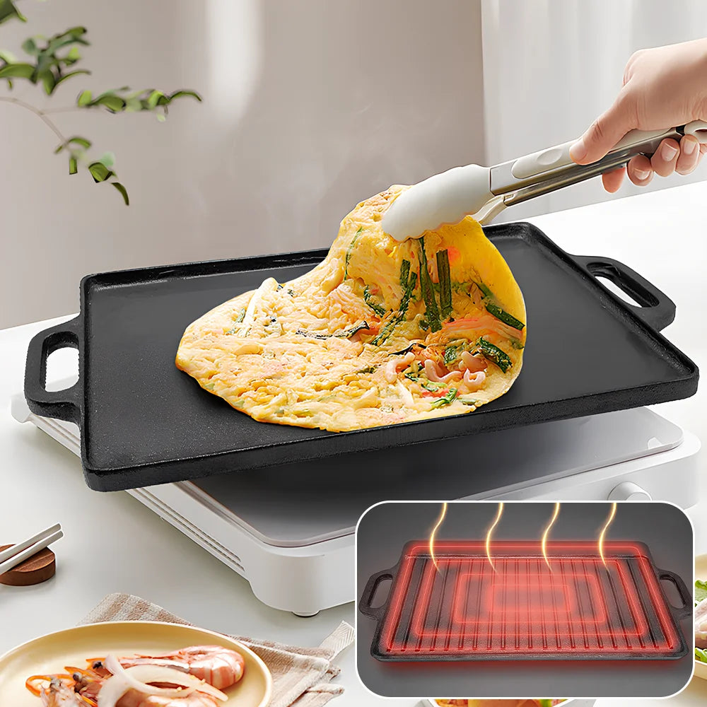 Double-Sided Cast Iron Griddle & Grill Plate – Reversible Ridged & Flat BBQ Plate with Handles – Perfect for Steaks, Pancakes & Camping (50.5 x 23.5cm)