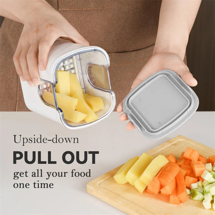 French Fry Cutter & Potato Slicer with Container – Manual Vegetable Chopper with 3 Stainless Steel Blades – Ideal for Chips, Apples & Onions