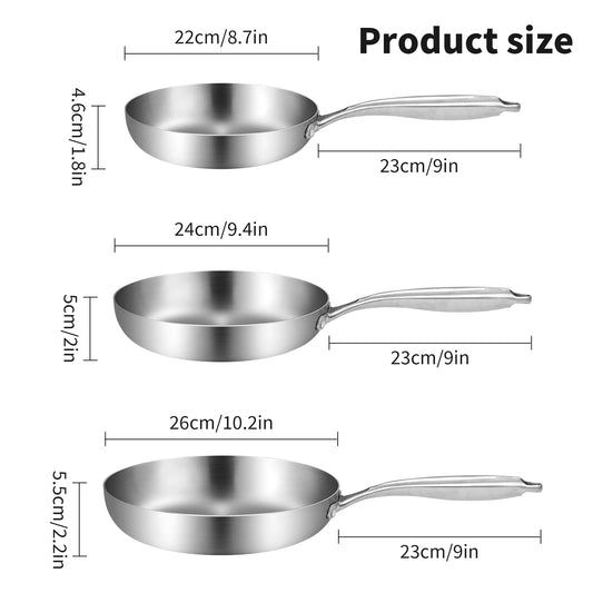 3-Piece Stainless Steel Frying Pan Set – Uncoated Skillet for Steak, Sautéing, Stir-Frying, Searing & Daily Cooking on Gas & Induction – Includes 22cm, 24cm & 26cm Pans