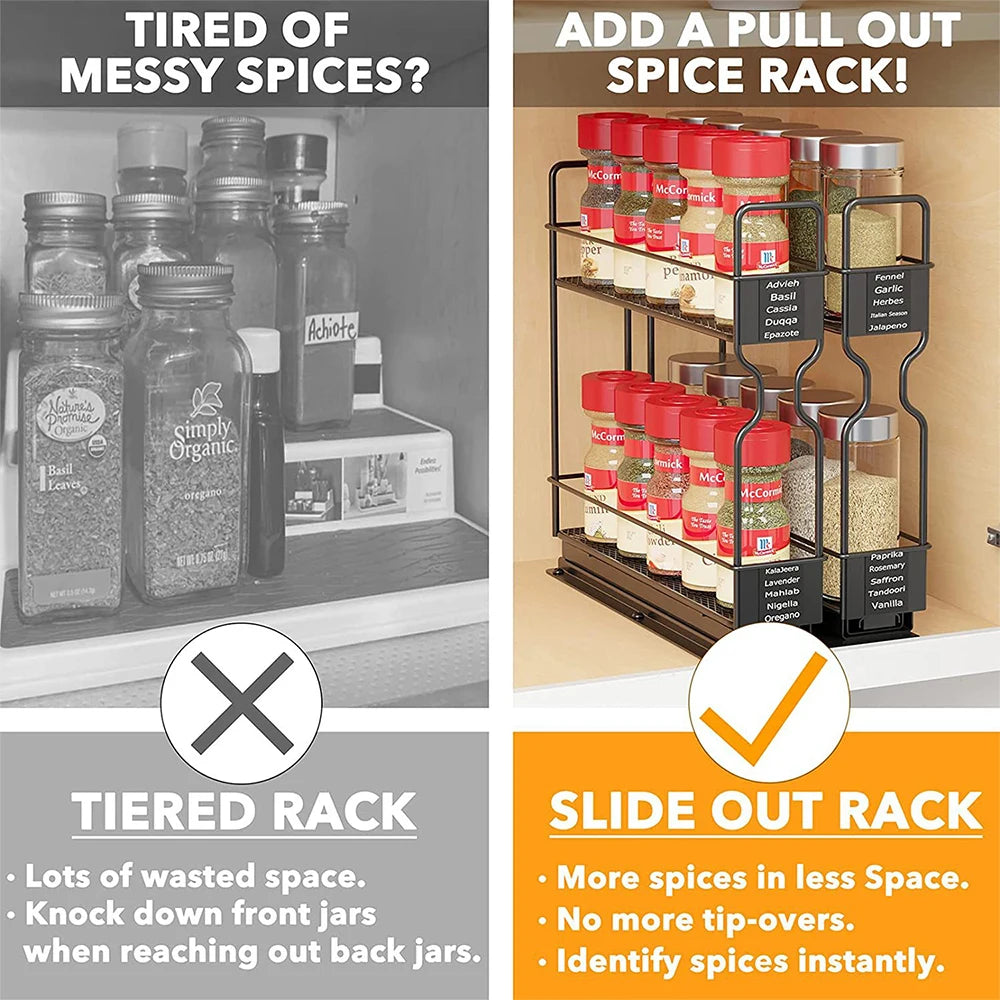 Pull Out Spice Rack Organiser for Cabinets – Slide Out Metal Seasoning Organiser – Perfect for Deep Kitchen Cupboards