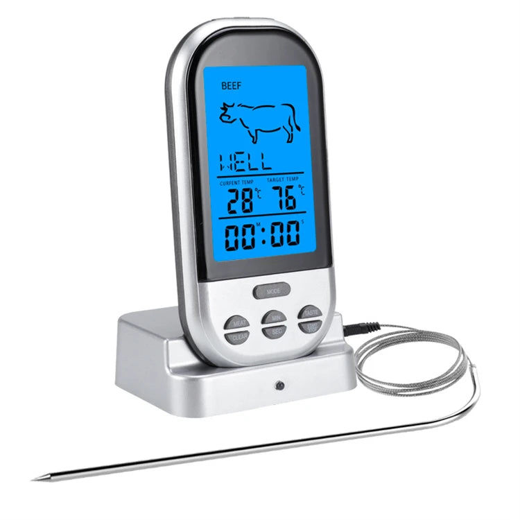 Wireless Digital Meat Thermometer with Wired Oven Probe – Large Backlit LCD Display, Base Dock & Temperature Alarm – Best for Roasting, Baking & Grilling
