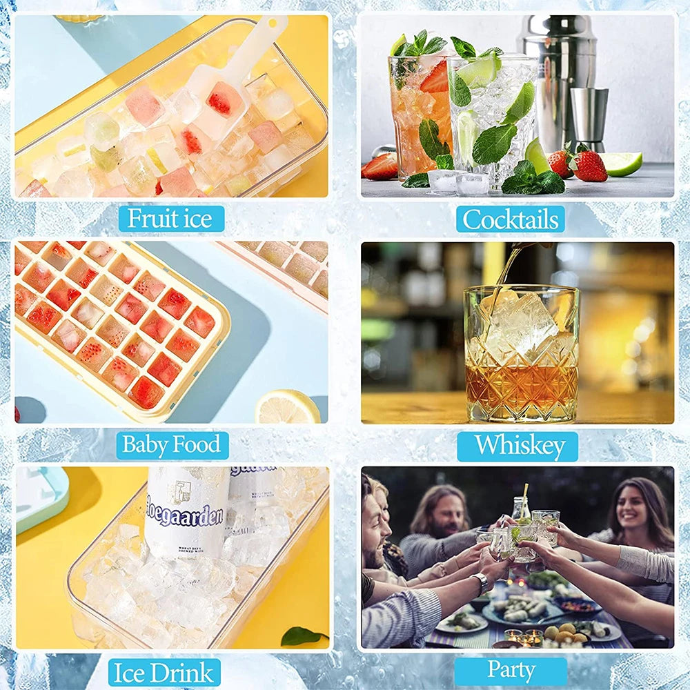 Stackable Silicone Ice Cube Tray Set with Storage Bin – 2 Trays & 64 Nugget Ice Moulds – Best for Chilling Drinks & Freezing – Available in Pink, Blue, Green & Orange Colours