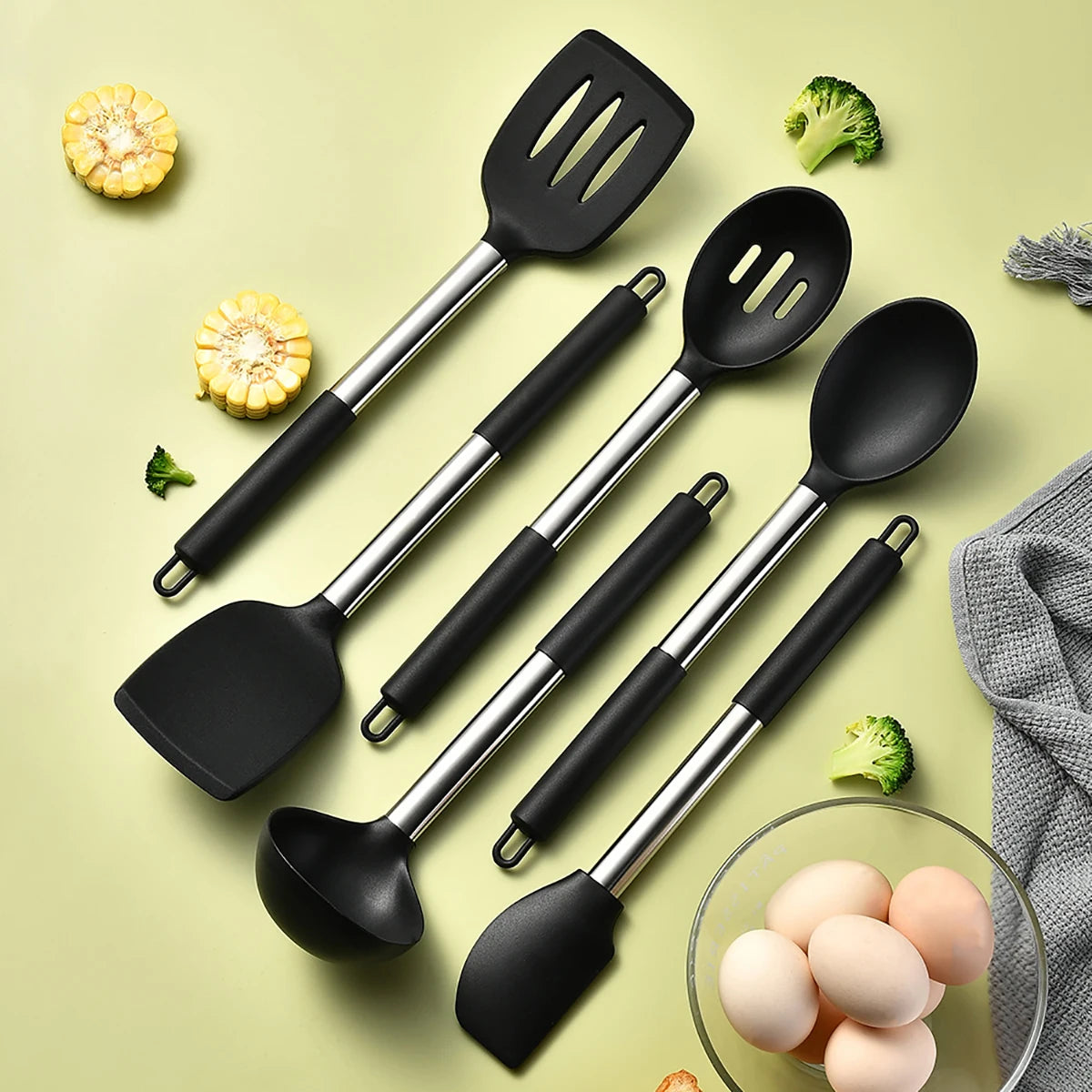 Silicone Kitchen Utensils Set with Stainless Steel Handles – Heat-Resistant & Safe for Non-Stick Cookware – Ideal for Daily Cooking – Available in Multiple Colours & Various Piece Set Options