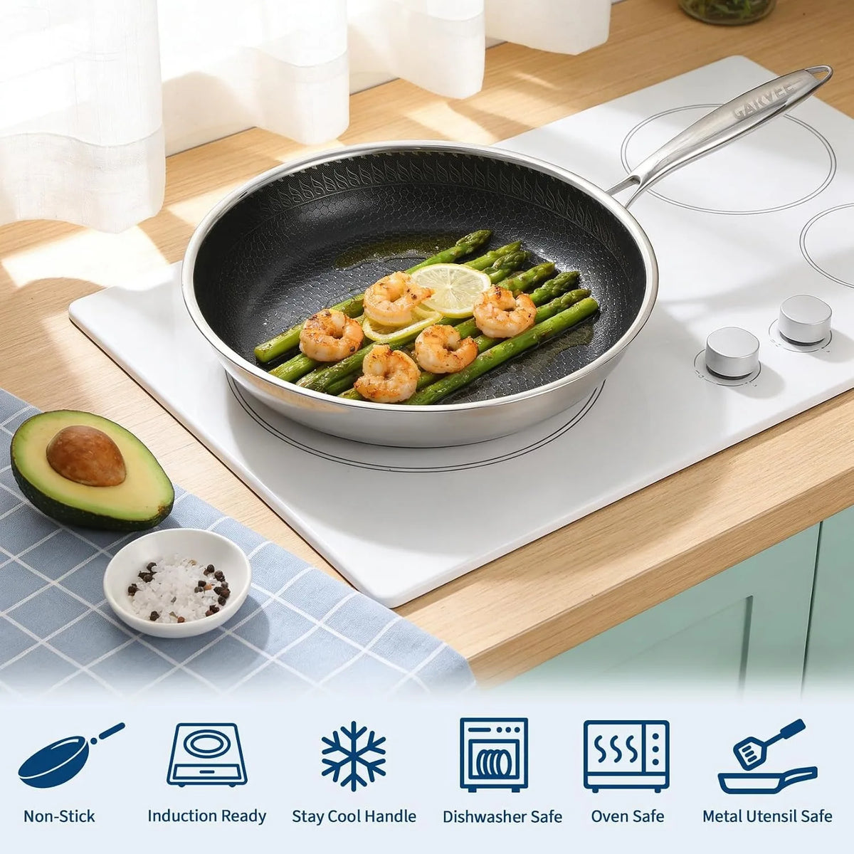 Honeycomb Stainless Steel Non-Stick Frying Pan Set with Glass Lids – 6 Piece 3-Ply Induction Skillets 20cm, 25cm & 30cm – Perfect for Frying, Braising & Family Cooking