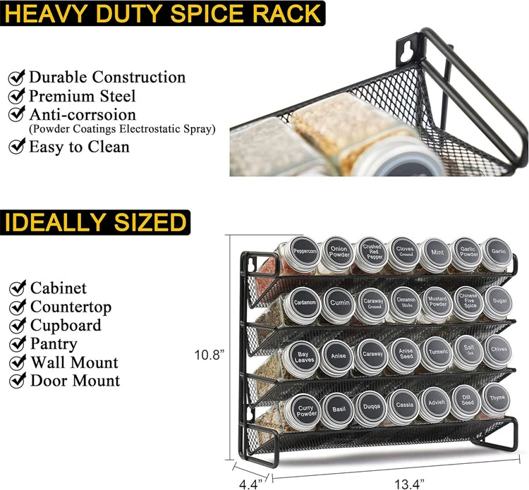4 Tier Metal Spice Rack Organiser Set – Countertop & Cabinet Seasoning Organiser – Best for Spice Jars & Seasonings – Available as Rack Only or with Spice Jars