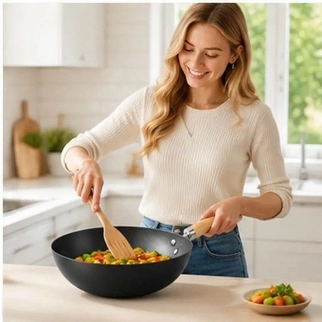 Non-Stick Iron Wok Pan with Wooden Handle – Multi-Purpose Stir-Fry & Frying Pan for Gas, Electric & Induction – Great for Everyday Cooking (28cm)