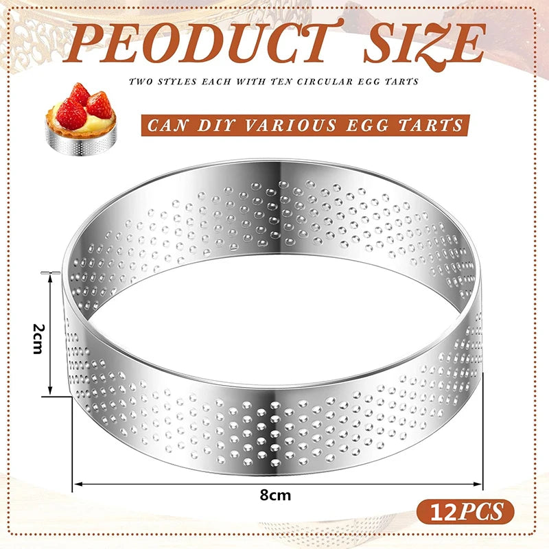 12 Piece Perforated Stainless Steel Tart Rings – Non-Stick Round Cake & Mousse Rings – Ideal for Tarts, Mousse Cakes & Desserts
