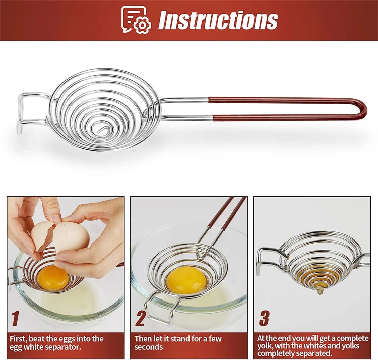 Long Handle Stainless Steel Egg Separator – Egg White & Yolk Divider Filter – Ideal for Baking, Meringues & Omelettes – Available in Brown & Red Colours