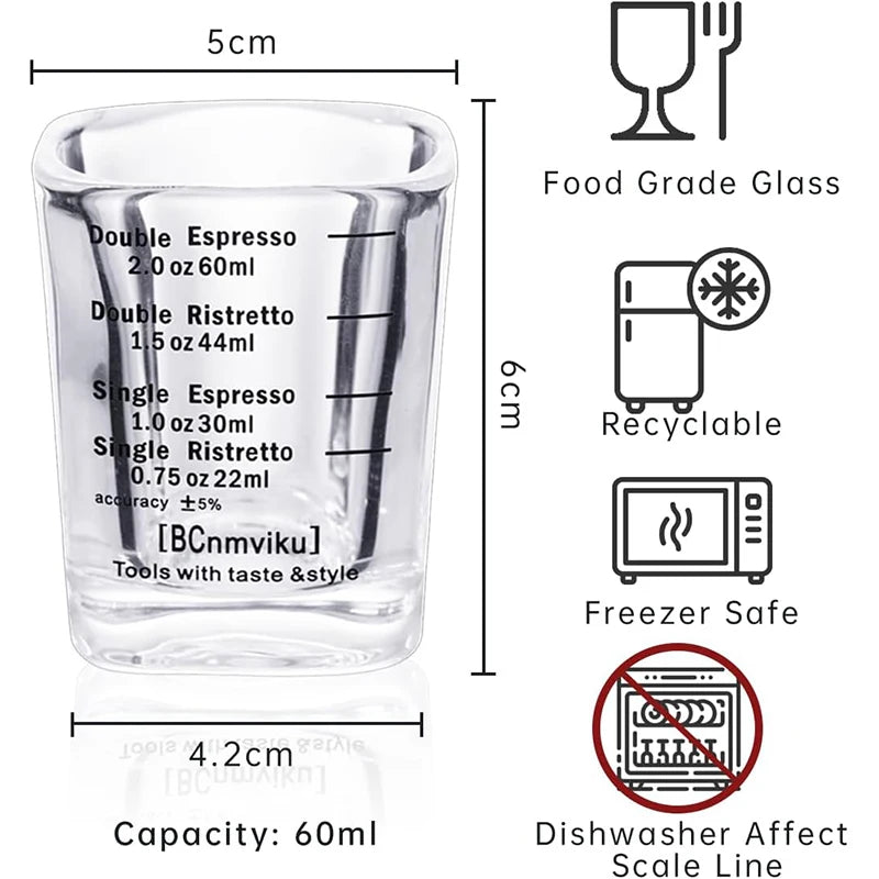 60ml Heavy Glass Espresso Shot Measuring Cup – Square 2oz Barista Shot Glass – Great for Espresso, Coffee & Measuring Liquids