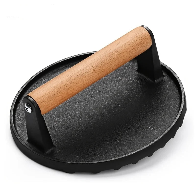 Cast Iron Burger Press with Wooden Handle Round