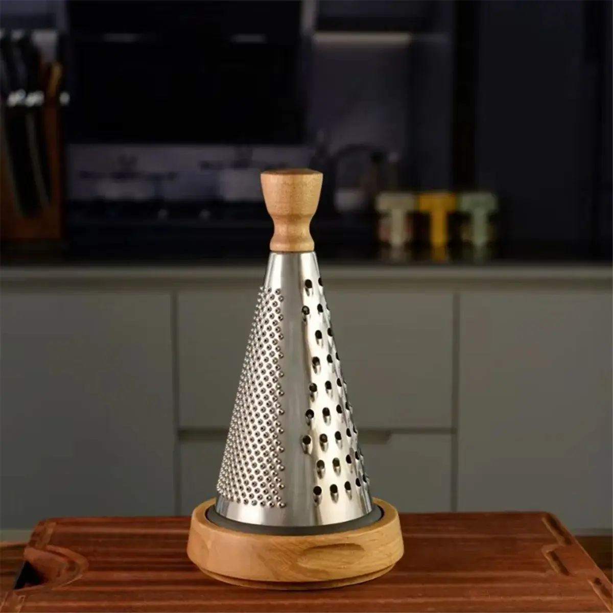 Multi-functional Stainless Steel Cone-Shaped Cheese Grater with Wood Base Container and Wooden Handle – Perfect for Parmesan Cheese, Vegetables, and Fruits in a Vintage Style