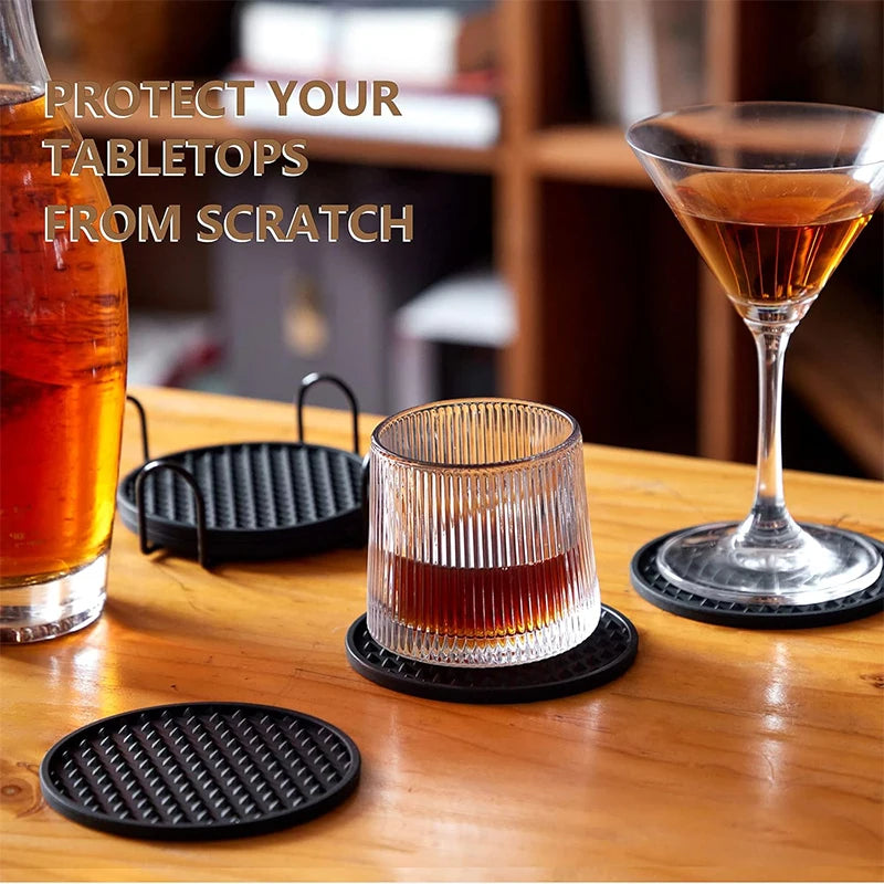 6 Pack Silicone Drink Coasters with Holder – Heat Resistant Non-Slip Cup Mats – Ideal for Protecting Tables & Worktops – Available in Black, Brown, Grey, Green, Blue & Sky Blue Colours