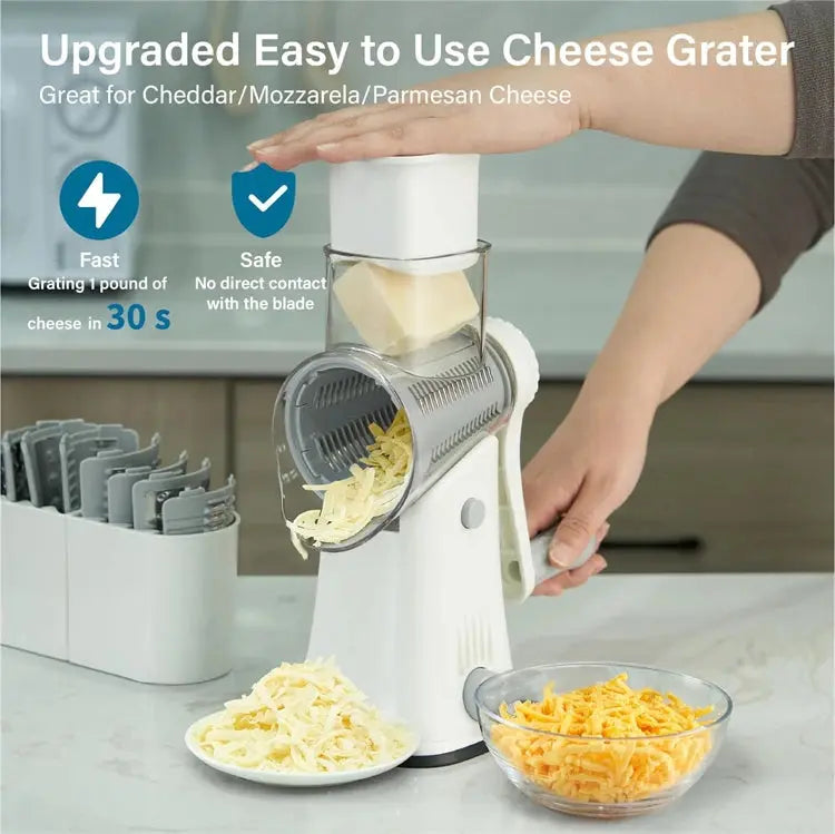 5-in-1 Rotary Cheese and Vegetable Grater with Handle and Suction Base – Multifunctional Interchangeable Rotating Drum Blades for Slicing, Shredding, and Grinding.(Available in Green, White, and Black Colours)