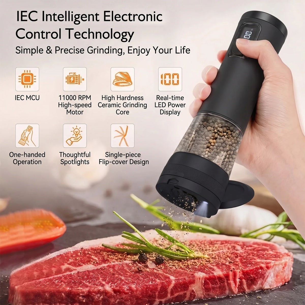 Electric Salt & Pepper Grinder Set with Charging Base – Rechargeable USB-C Mills with LED Light & Adjustable Coarseness – Ideal for Kitchen, BBQ & Table