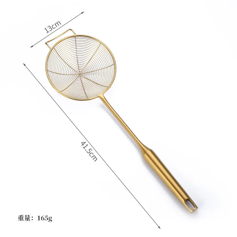 Golden Stainless Steel Skimmer Strainer – Frying Scoop & Oil Filter with Long Handle (Available in Multiple Sizes)