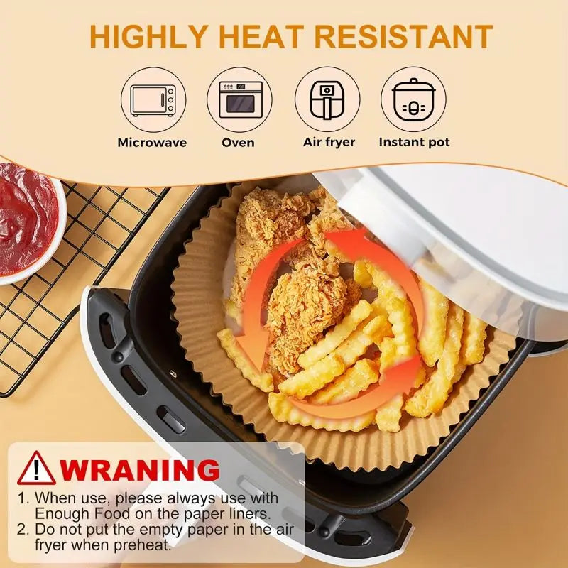 Disposable Air Fryer Paper Liners – Non-Stick Oil-Absorbing Baking Paper in Round & Square – Best for Air Fryers, Ovens & BBQ Plates – Available in 50 & 100 Packs