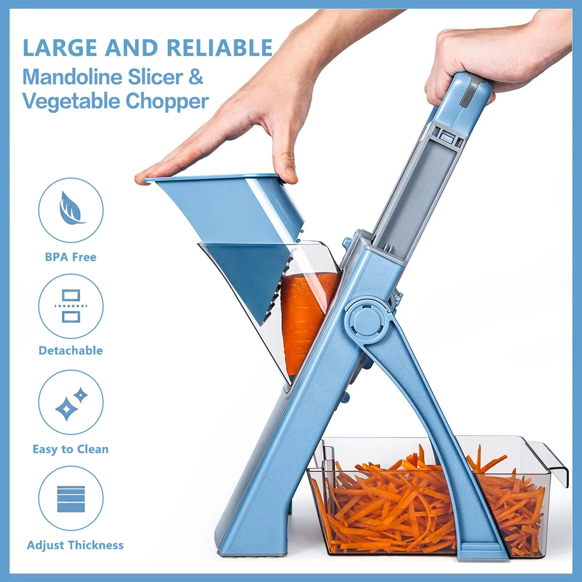 Hand-Safe Vegetable Slicer – Adjustable 0.1–8mm Mandoline, Dicer & Julienne Cutter with Auto-Return Handle – Great for Safe, Speedy Meal Prep