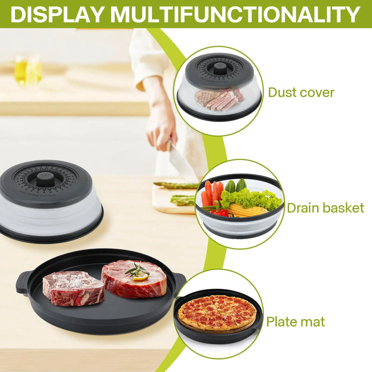 Microwave Food Splatter Cover Foldable Multifunction Splash Collapsible Guard Kitchen Gadget Colander for Meal Steaming Tray