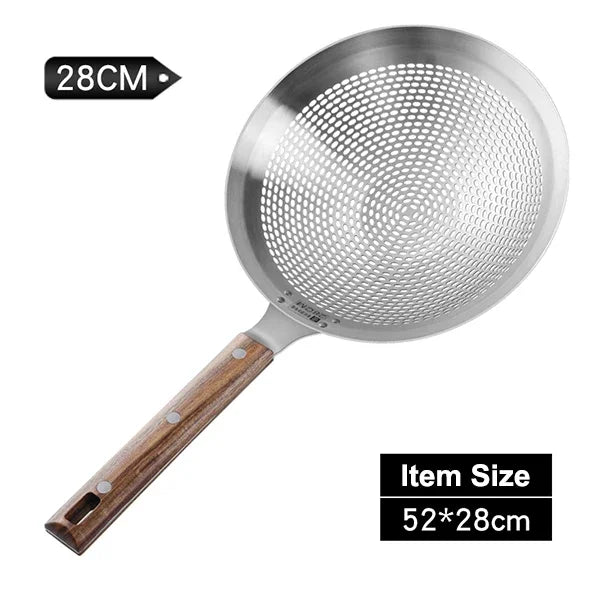 Extra Large 304 Stainless Steel Kitchen Mesh Strainer Skimmer with Sturdy Wooden Handle, Heavy-Duty Frying Strainer for Deep Frying, Boiling, Noodles, Pasta, Dumplings & Vegetables, Available in 22cm, 24cm, 26cm & 28cm Sizes 28cm