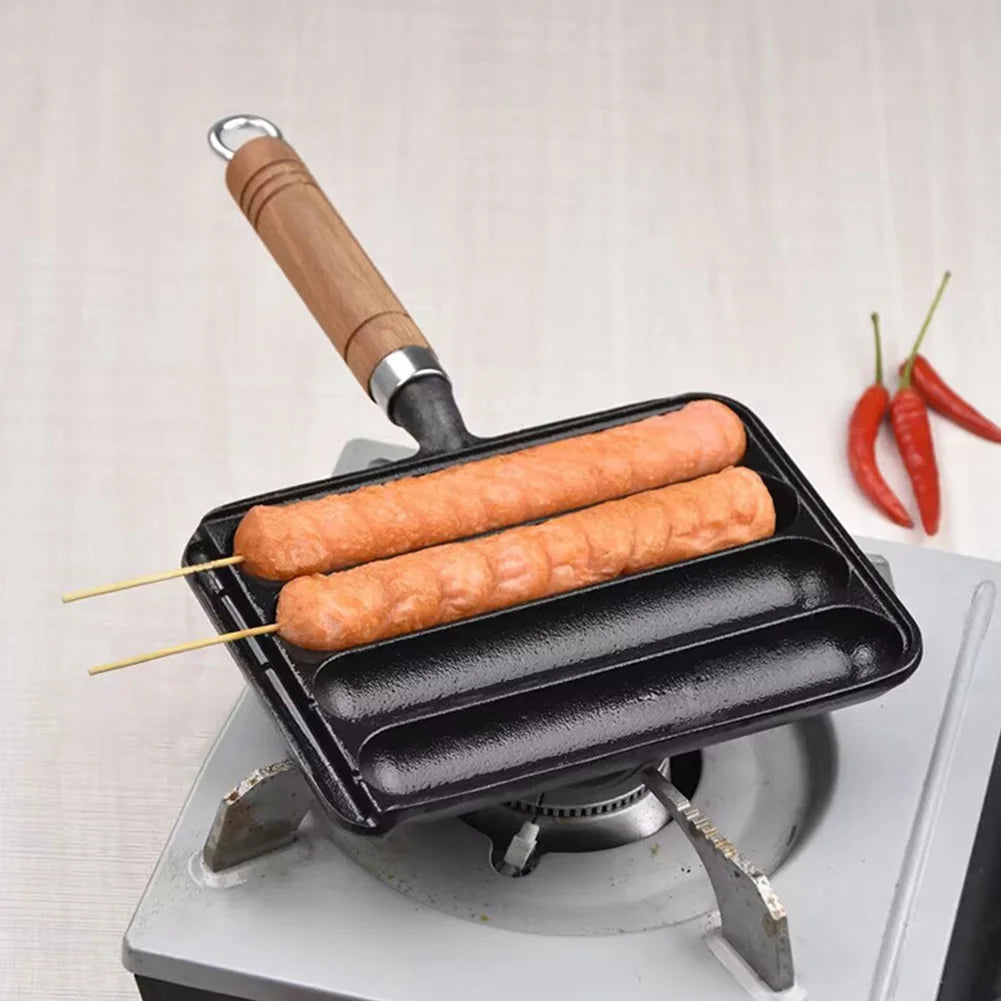 Cast  Iron Preseasoned Grilled Sausage Pot Nonstick Hot Dog Pan With Wooden Handle Hot Dog  Anti Scald