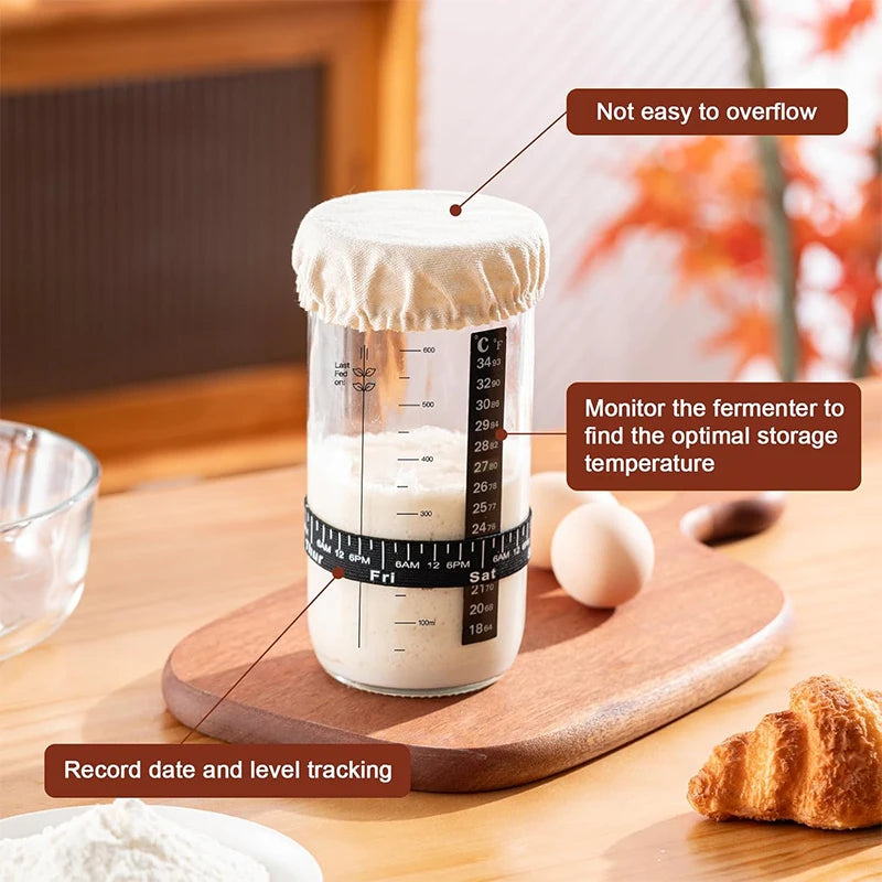 730ml Glass Sourdough Starter Jar Kit – 24oz Fermentation Jar with Date Marked Feeding Band – Great for Homemade Sourdough Bread