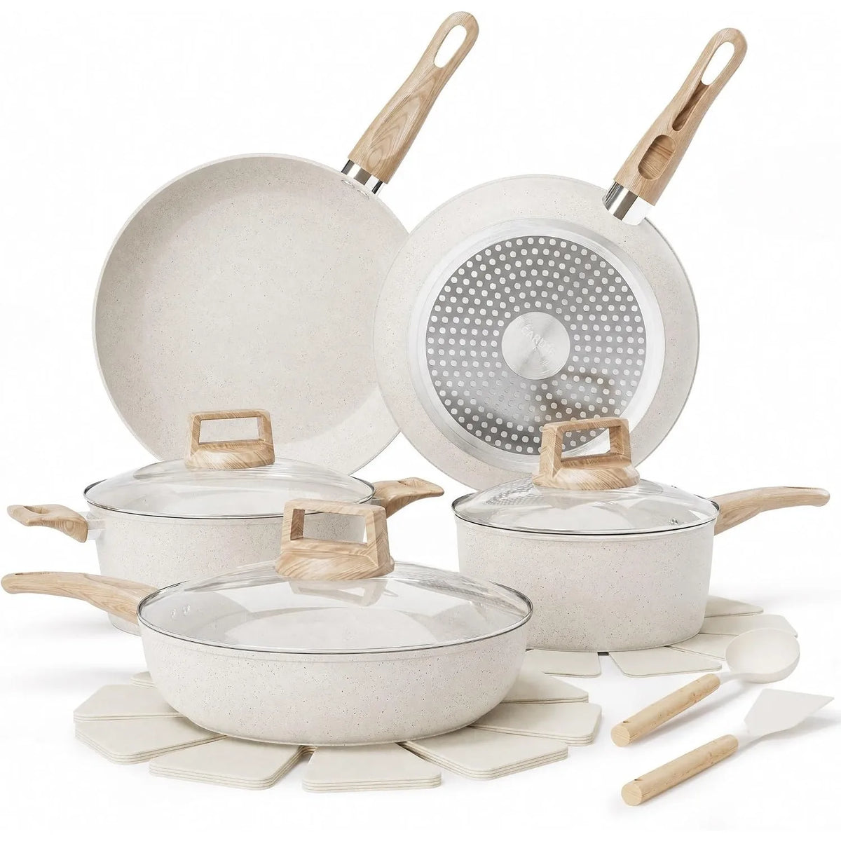 14 Piece Granite Ceramic Pots & Pans Set – PFAS-Free Non-Stick Cookware with Wood-Look Handles, Glass Lids & Pan Protectors – Best for New Homes & Couples – Available in Black & White