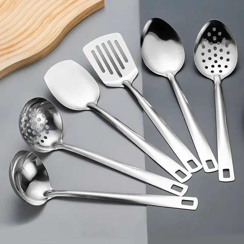 6-Piece Stainless Steel Kitchen Utensil Set – Heat-Resistant with Ergonomic Handles & Hanging Holes, Includes Slotted Spoon, Ladle, Turner, Cooking Spoon & Rice Spoon