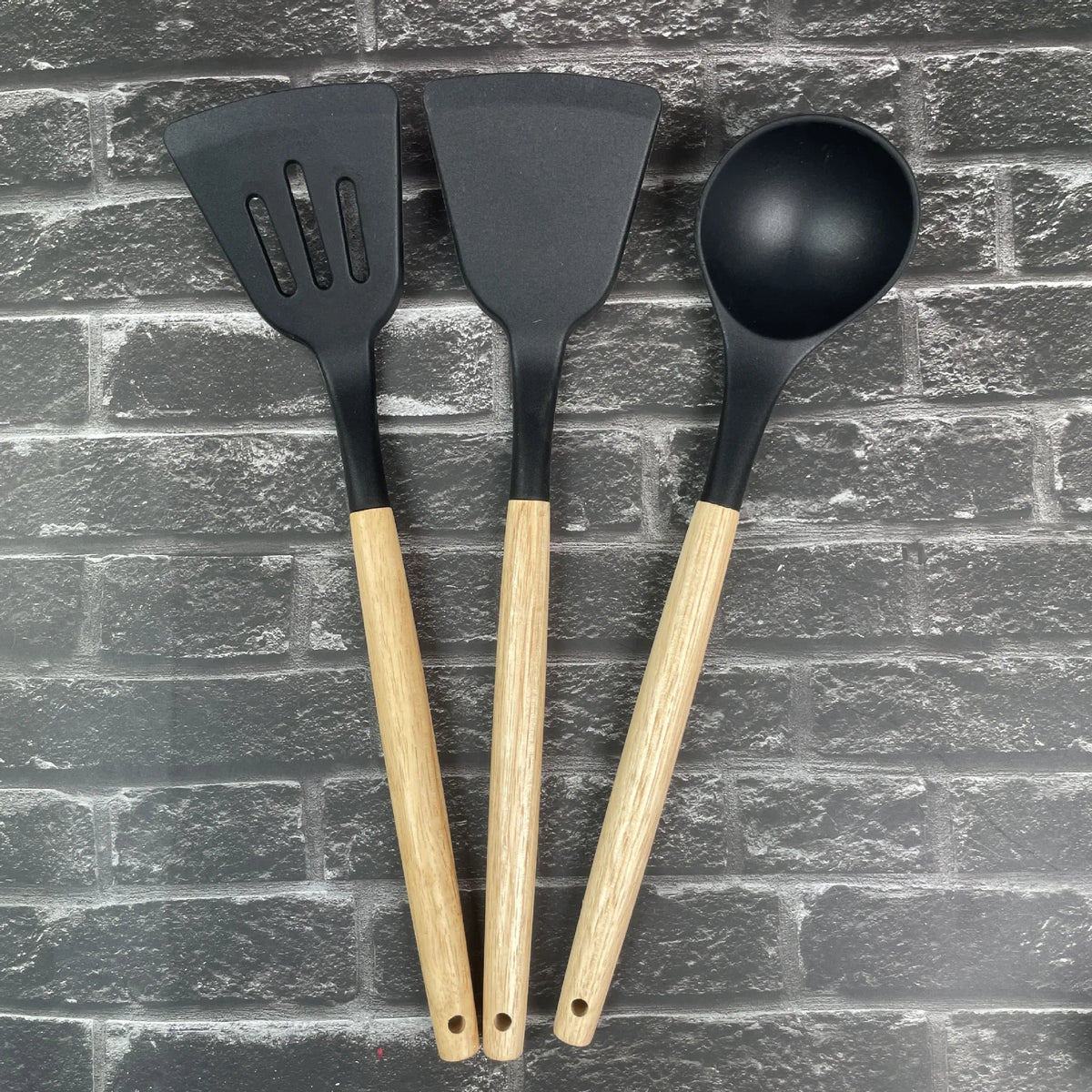12 Piece Silicone Kitchen Utensil Set with Wooden Handles & Storage Pot – Heat Resistant BPA-Free Cooking Tools – Best for Non-Stick Cookware & Baking – Available in Black, White, Pink, Khaki & Light Green Colours