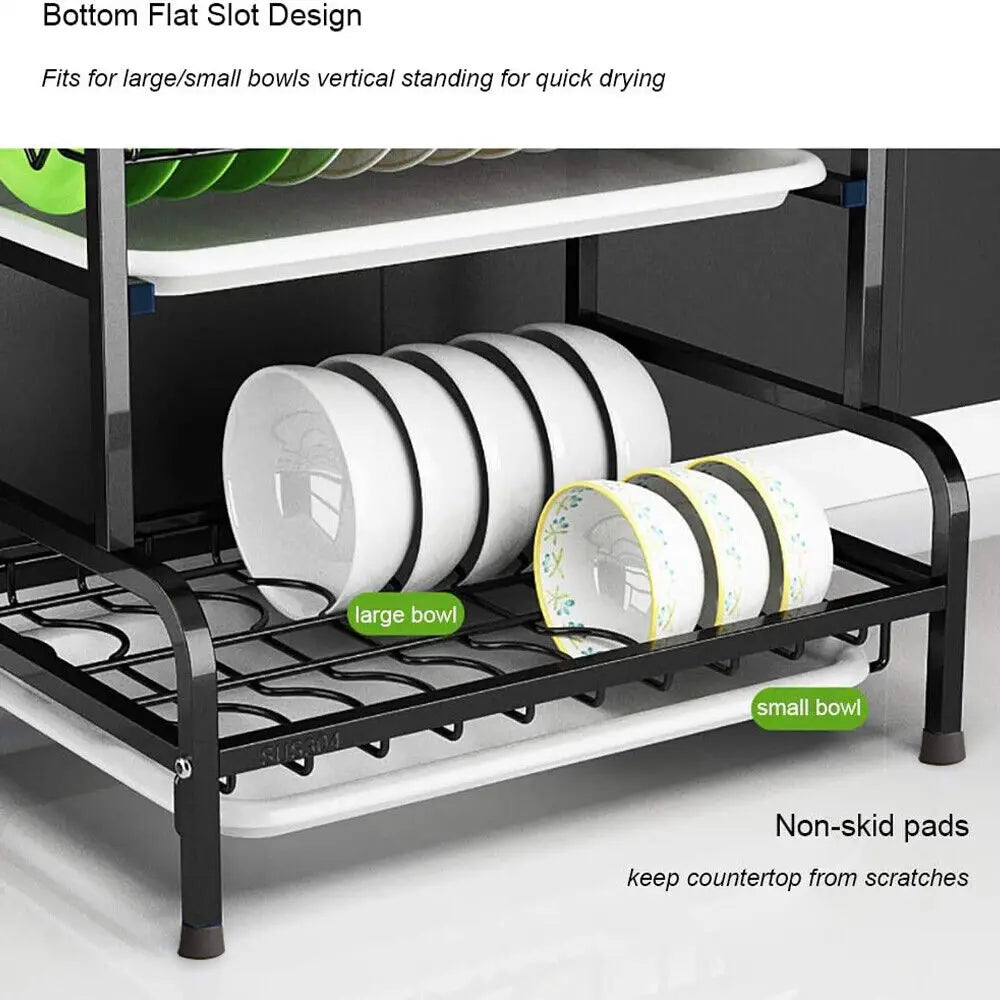 3 Tier Dish Drainer Rack with Drip Trays – Large Plate Rack with Cutlery & Chopping Board Holders – Great for Drying Dishes by the Sink