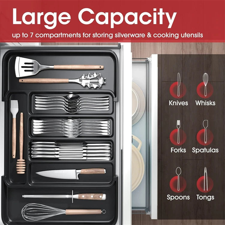 Expandable Cutlery & Utensil Drawer Organiser Tray – Adjustable Flatware Holder – Perfect for Kitchen Drawers – Available in Black, White & Grey Colours