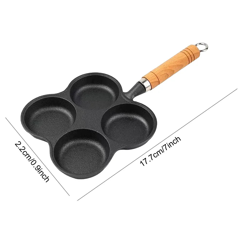 4 Hole Egg Pan with Wooden Handle – Non-Stick Cast Iron Breakfast Burger & Pancake Maker – Perfect for Eggs, Burgers & Pancakes