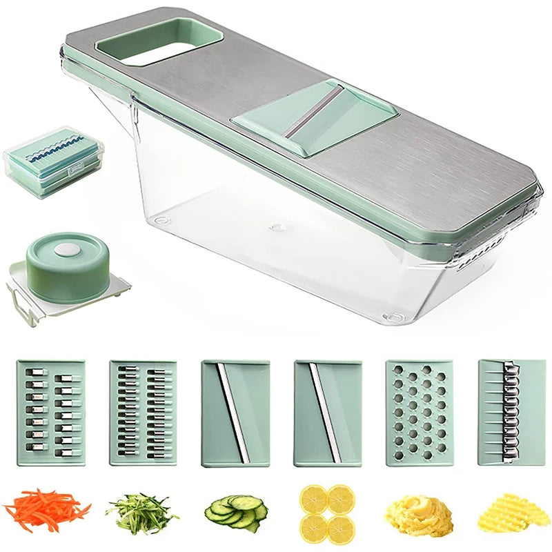 6 in 1 Mandoline Vegetable Slicer with 6 Interchangeable Stainless Steel Blades – Julienne Shredder & Veggie Slicer – Perfect for Salads & Meal Prep – Available in Light Green & Light Grey Colours