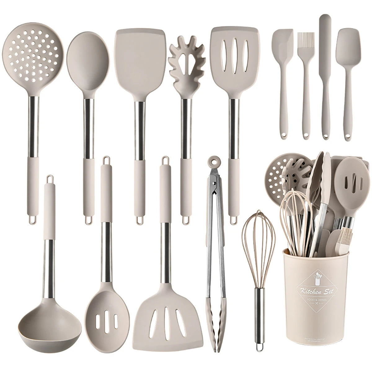 15-Piece Silicone Kitchen Utensils Set – Heat-Resistant Spatulas, Spoons, Turners, Brush, and Whisk, Perfect for Non-Stick Cookware,Available in Black, Grey & Khaki